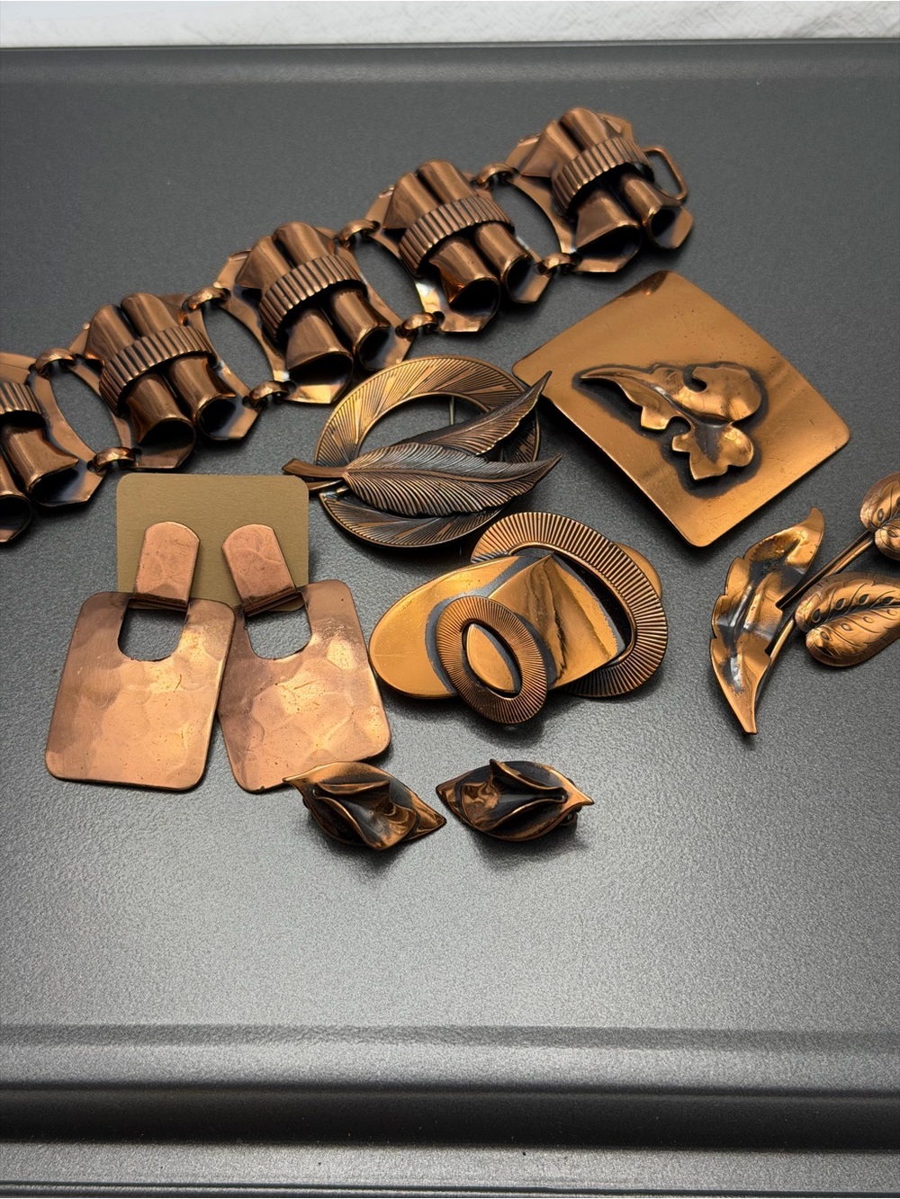 Vintage Art Deco Copper Brooches Earrings and Bracelet